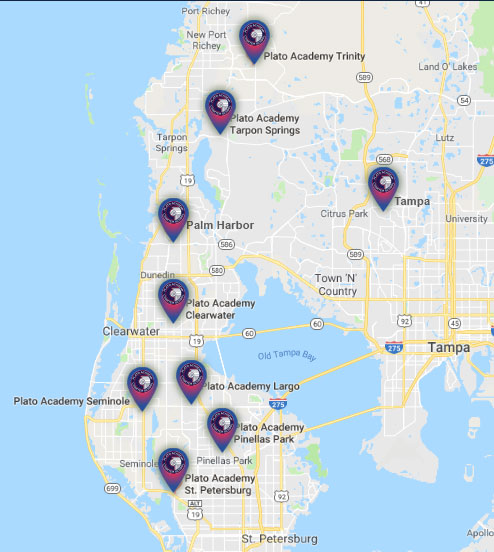 Map of Plato Academy Campuses in Tampa Bay