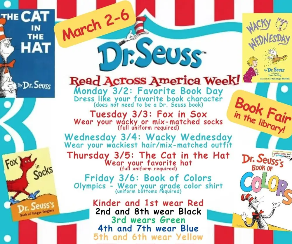 Plato Academy Read Across America Week event flyer with Dr. Seuss themed spirit days