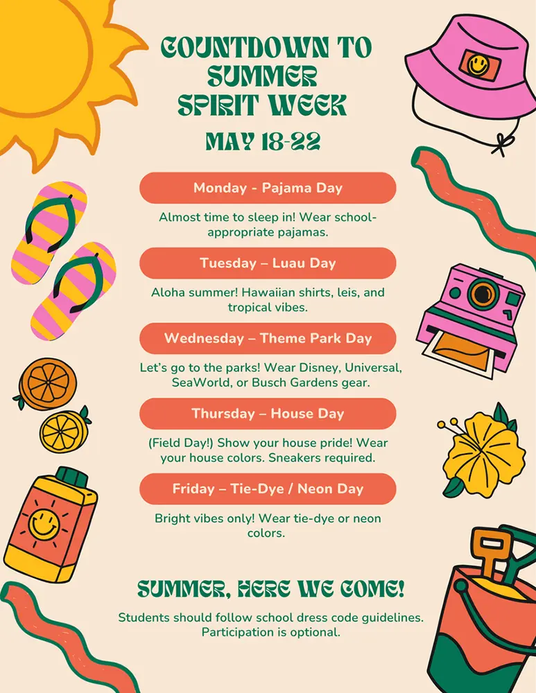 Colorful poster announcing Countdown to Summer Spirit Week with daily themes and summer illustrations.