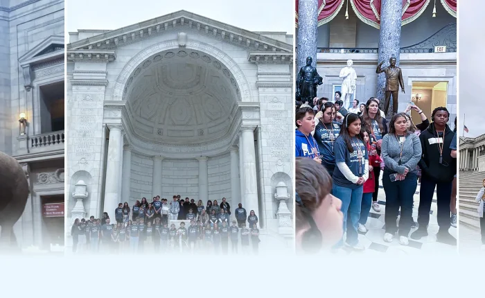 Plato Academy students stand in front of the Lincoln Memorial during their April 24-26 Washington DC field trip, exploring American history and government sites.